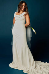 White Mermaid Wedding Dresses With Chapel Train Stretch Crepe Sleeveless Off-Shoulder Buttons Sexy Backless Bridal Gowns-Dbrbridal