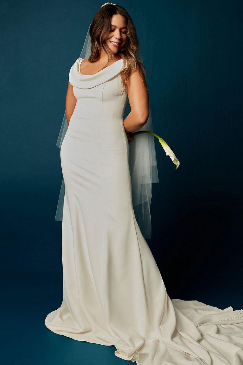 White Mermaid Wedding Dresses With Chapel Train Stretch Crepe Sleeveless Off-Shoulder Buttons Sexy Backless Bridal Gowns-Dbrbridal