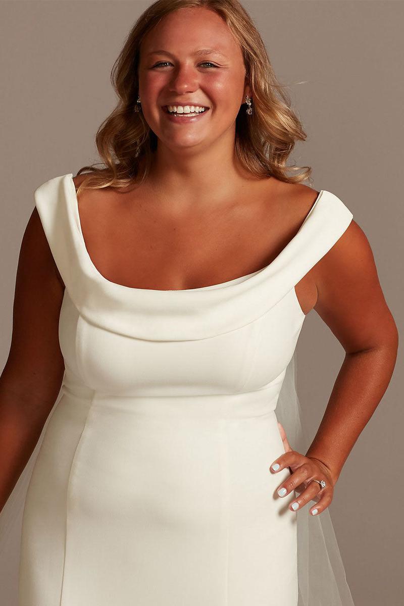 White Mermaid Wedding Dresses With Chapel Train Stretch Crepe Sleeveless Off-Shoulder Buttons Sexy Backless Bridal Gowns-Dbrbridal