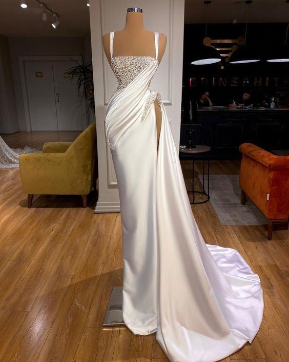 White Sleeveless Mermaid Prom Dress with Square Neckline High Split and Bead Embellishments-Dbrbridal