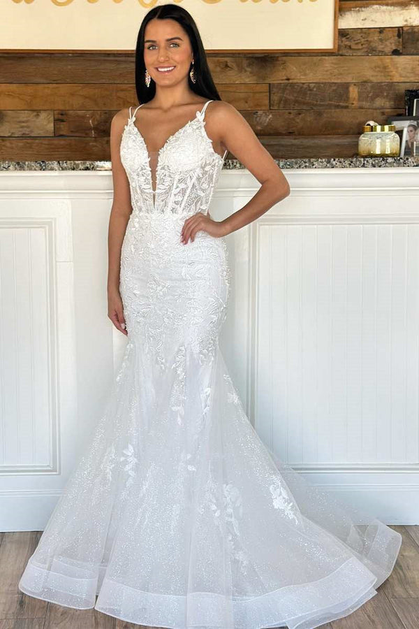 White V-Neck Sleeveless Mermaid Prom Dress With Appliques-Dbrbridal