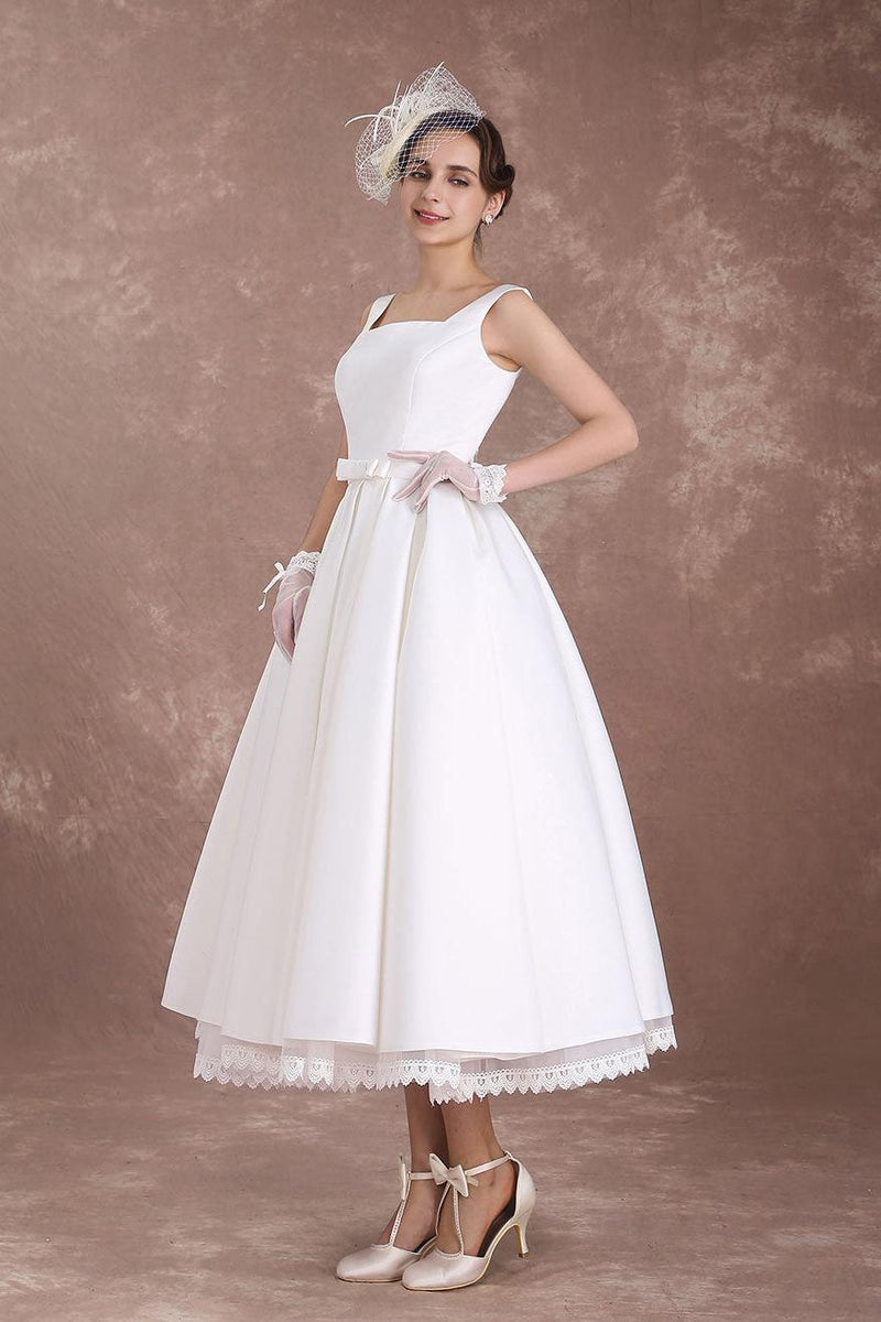 1950s white dress White Wedding Dresses Short Retro Bridal Dress 1950's Satin Straps Bow Sash Tea Length Rockabilly Wedding Reception Dress – Dbrbridal
