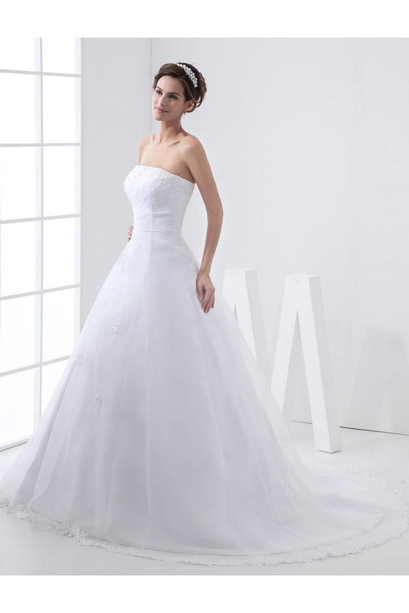 White Wedding Dresses Strapless Bridal Gown Lace Beading Side Draped Bridal Dress With Train-Dbrbridal