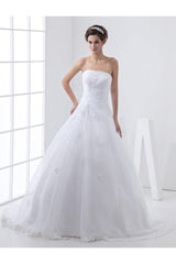 White Wedding Dresses Strapless Bridal Gown Lace Beading Side Draped Bridal Dress With Train-Dbrbridal