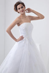 White Wedding Dresses Strapless Bridal Gown Lace Beading Side Draped Bridal Dress With Train-Dbrbridal