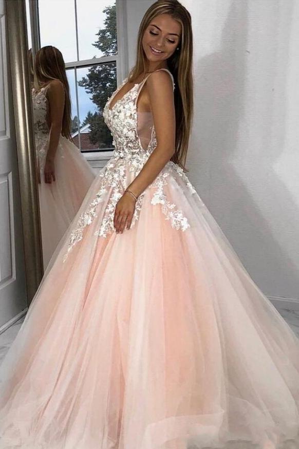 Wide Straps V-Neck Tulle Pink Prom Dress Applique Long-Dbrbridal