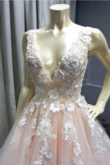 Wide Straps V-Neck Tulle Pink Prom Dress Applique Long-Dbrbridal