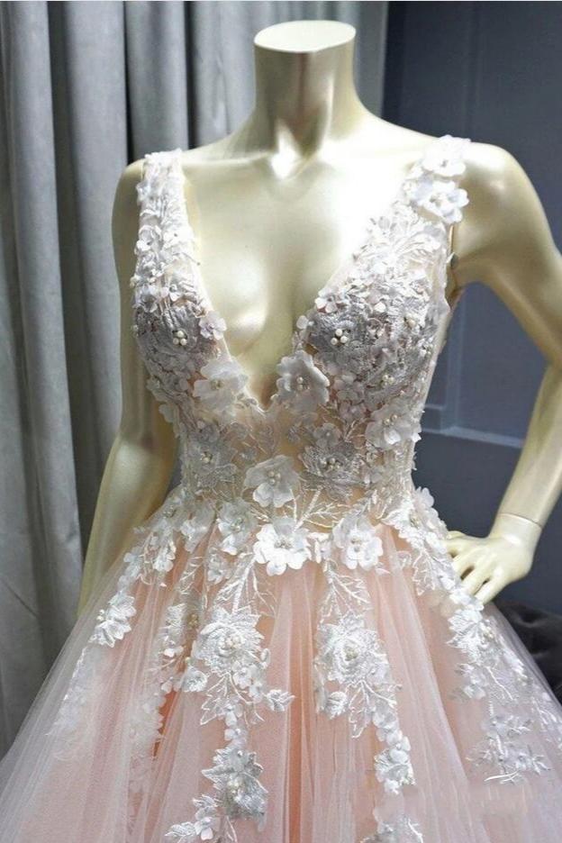 Wide Straps V-Neck Tulle Pink Prom Dress Applique Long-Dbrbridal
