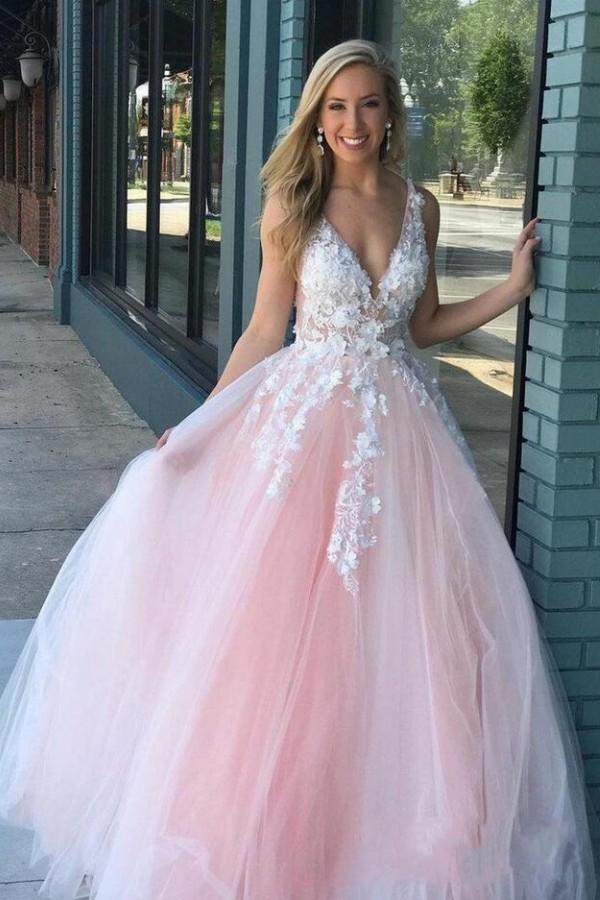Wide Straps V-Neck Tulle Pink Prom Dress Applique Long-Dbrbridal