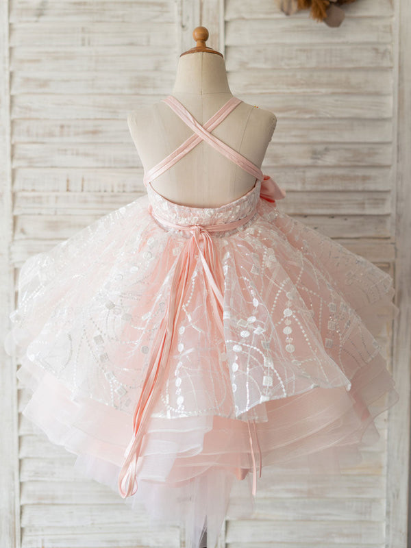 With Sash Pink Sleeveless Backless Short Tulle Kids Party Dresses-Dbrbridal