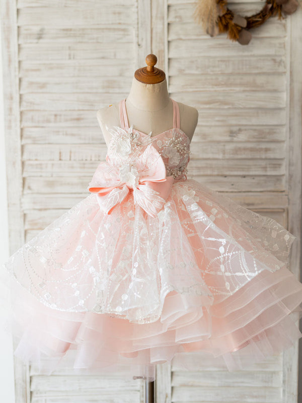 With Sash Pink Sleeveless Backless Short Tulle Kids Party Dresses-Dbrbridal