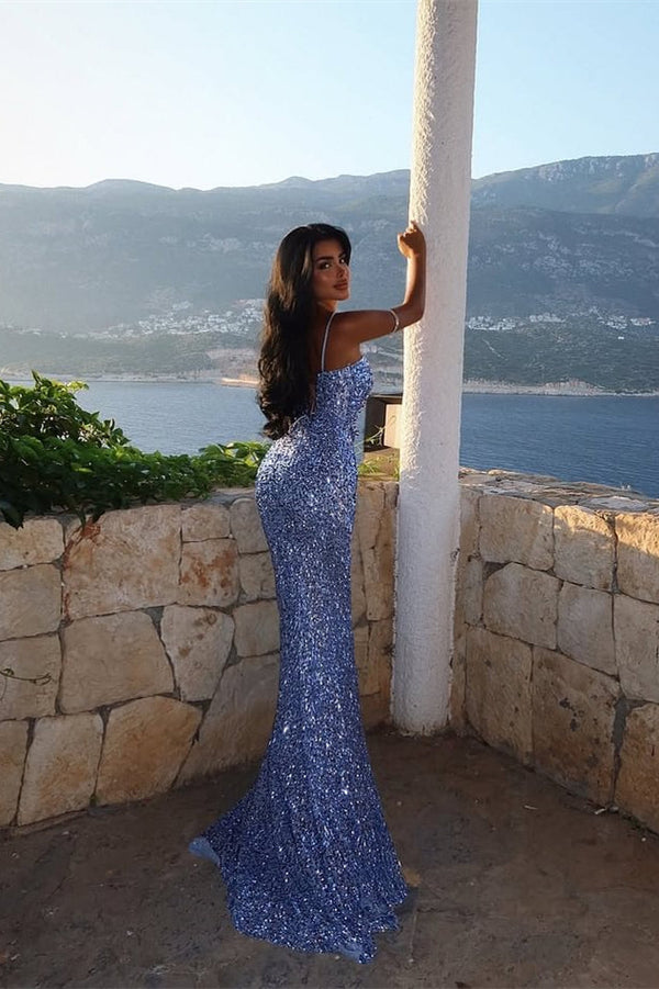 Dazzling Steel Blue Spaghetti-Strap Sequins Prom Dresses Mermaid Sleeveless Side Slit Online