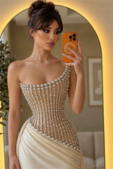 Charming Strapless Sleeveless Mermaid Satin Evening Dresses Column With Pleats Pearls