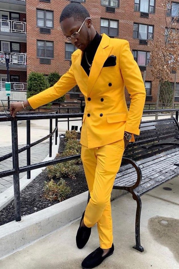 Yellow Double Breasted Peaked Lapel Slim Fit Men Suits-Dbrbridal