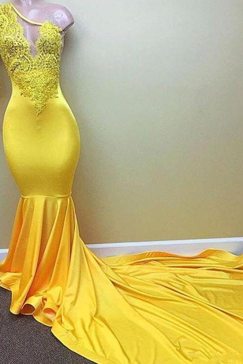 Yellow one shoulder mermaid prom dress, lace Evening Dresses-Dbrbridal