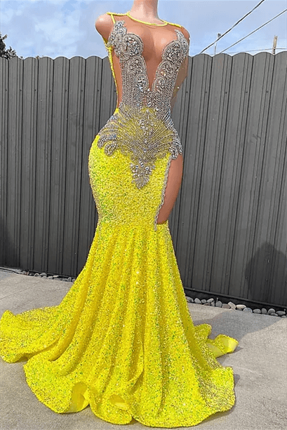 Yellow Scoop Long Sleeve Mermaid Prom Dresses with Sequins and Split Beadings Yellow Scoop Long Sleeve Mermaid Prom Dresses with Sequins and Split Beadings-Dbrbridal
