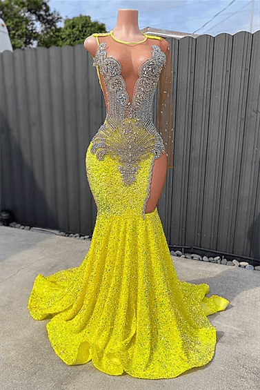 Yellow Scoop Long Sleeve Mermaid Prom Dresses with Sequins and Split Beadings Yellow Scoop Long Sleeve Mermaid Prom Dresses with Sequins and Split Beadings-Dbrbridal