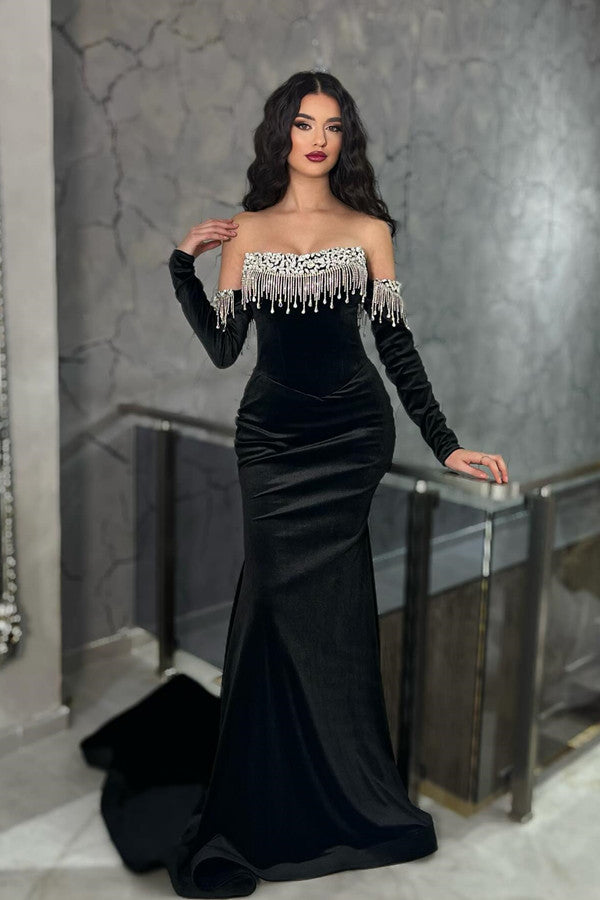 Strapless Crystal Sleeves Black Velvet Mermaid Prom Dress