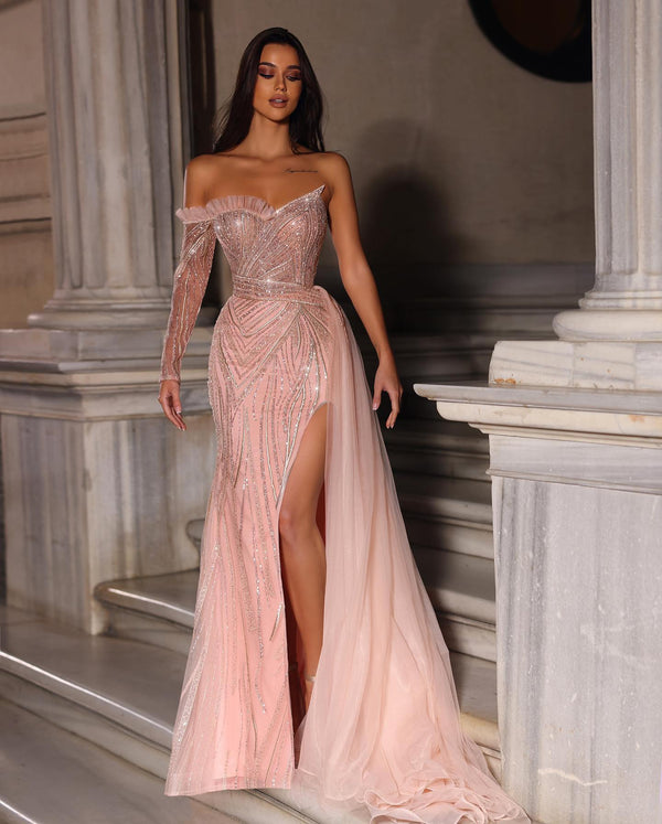 One-Shoulder Long-Sleeve Sheath with High Slit Beadings and Tulle Ruffle