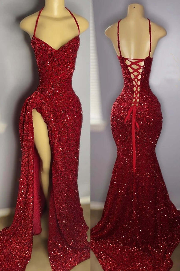 Sequin Red Halter Sleeveless Mermaid Prom Dresses with Lace-Up