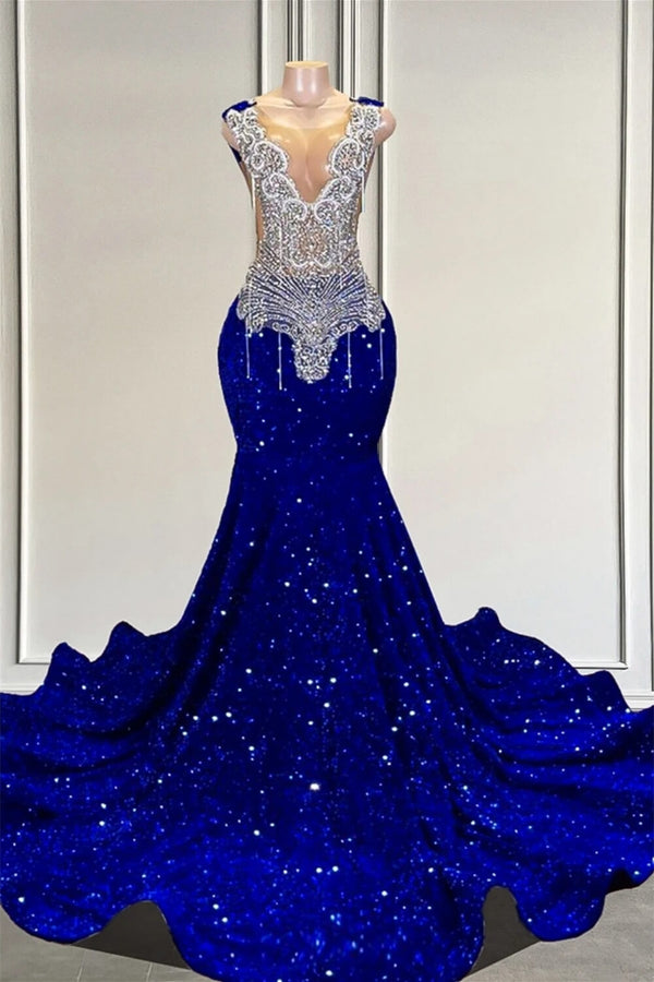 Royal Blue Sleeveless Mermaid Prom Dress with Beadings and Sequins
