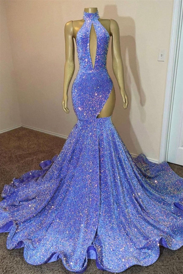 Light Blue High Neck Sleeveless Mermaid Prom Dresses With Split Sequins
