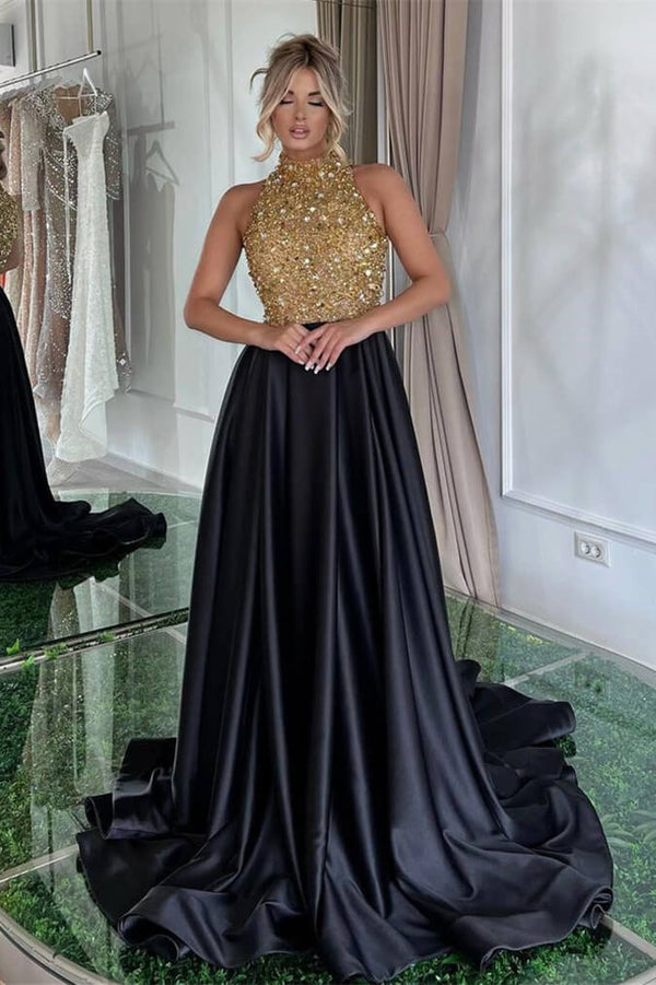 A-Line Sleeveless Black High Neck Prom Dress With Gold Sequins