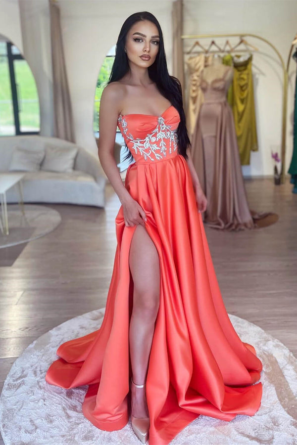 A-Line Split Long Prom Dress with Beads in Orange