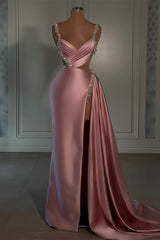 Pink V-Neck Sleeveless High Slit Dress with Beads