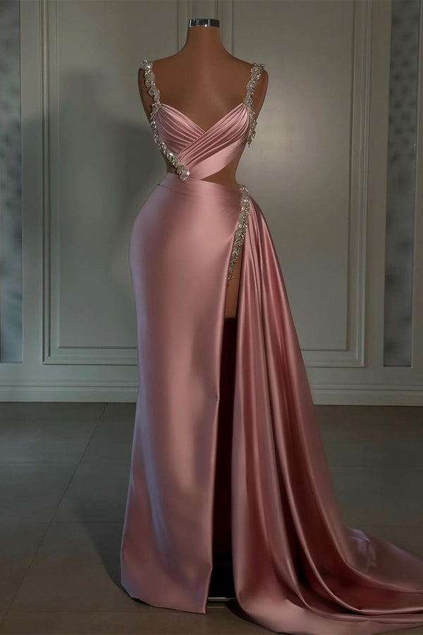 Pink V-Neck Sleeveless High Slit Dress with Beads