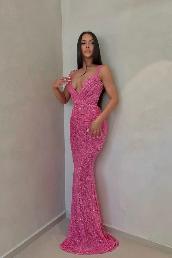 Fuchsia Pink Sleeveless V-Neck Mermaid Prom Dress Sequin