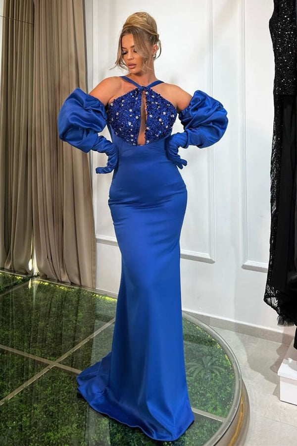 Halter Mermaid Evening Prom Dresses - Royal Blue with Sequins Beads