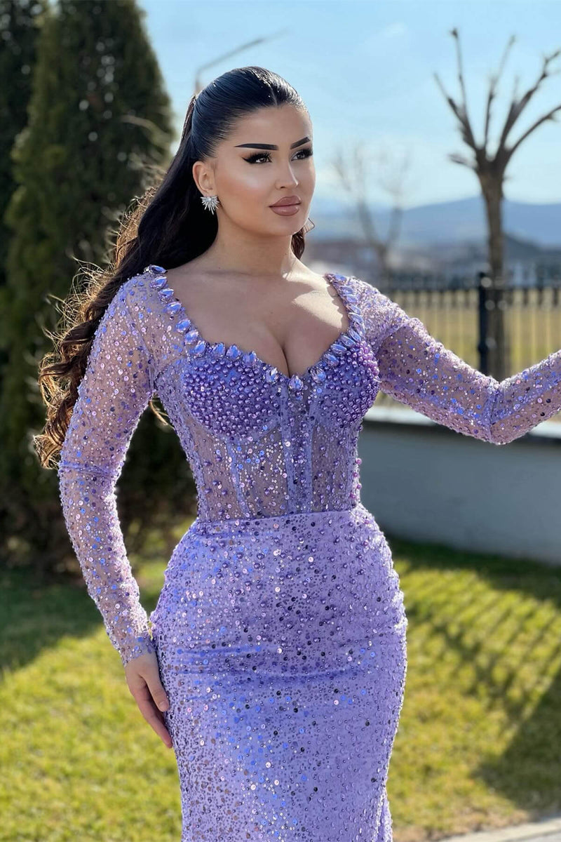 Lilac Mermaid Prom Dresses with Long Sleeves Sequins Beadings and Pearls