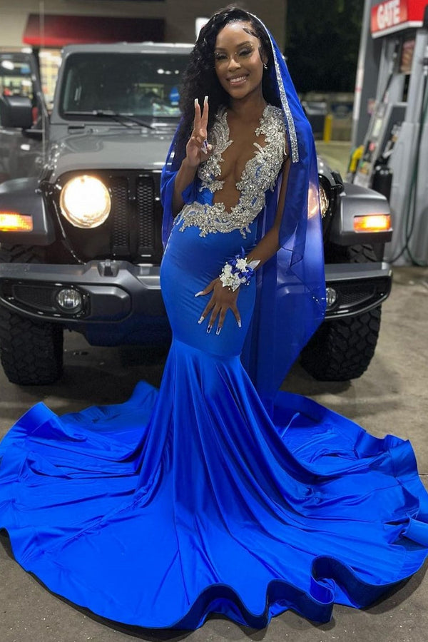 Royal Blue Deep V-neck Mermaid Court Train Long Prom Dresses