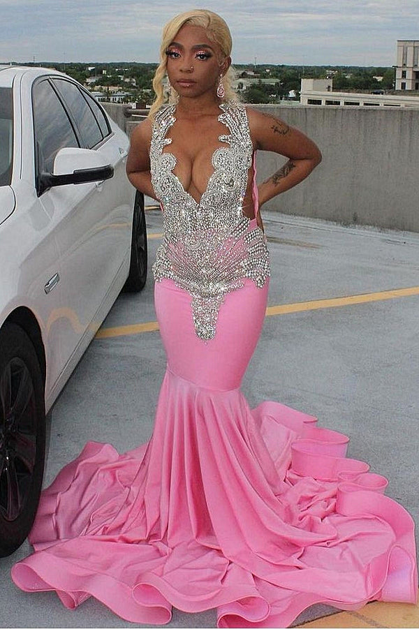 Elegant Pink Mermaid Court Train Prom Dresses wth Silver Beads