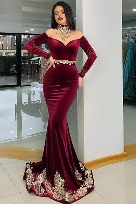 Sweetheart Long Sleeves Mermaid Prom Dress in Burgundy with Appliques