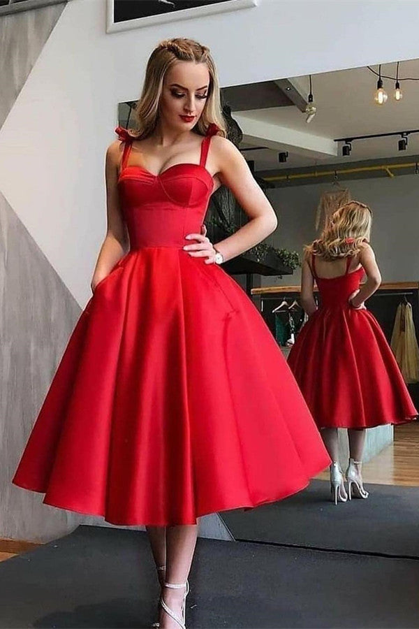 Red Prom Dress: Sleeveless Tea-Length with Pockets and Straps