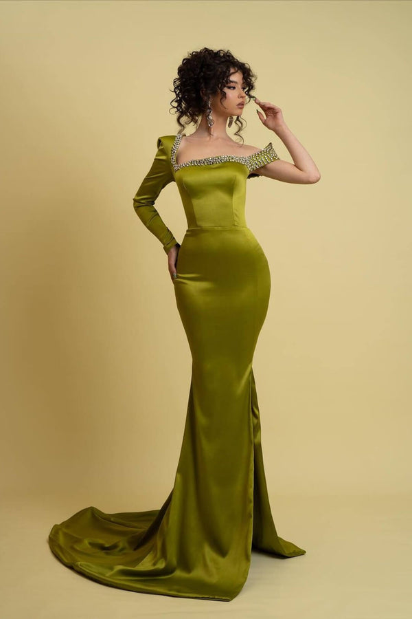 Grass Green Long Sleeve Mermaid Evening Prom Dresses with Beads