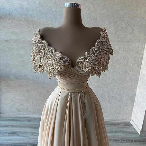 Off-Shoulder S-Line Long Prom Dress With Beads and Pearls