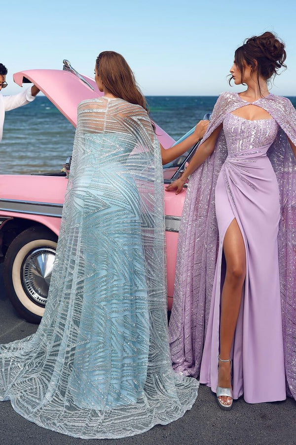 Sky Blue Mermaid Prom Dress with Sweetheart Slit and Sequins Cape