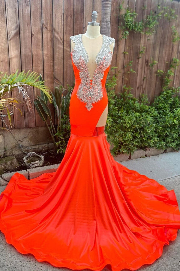 Orange Sleeveless Mermaid Prom Dresses with Split Beadings