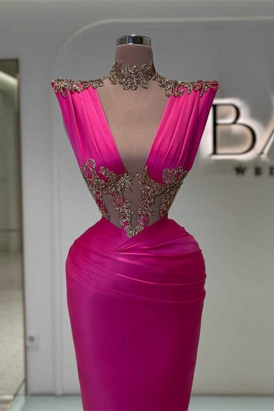 Sleeveless High Neck Mermaid Prom Dresses With Appliques in Fuchsia