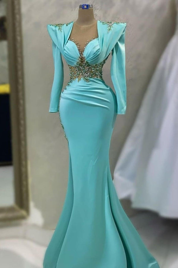 Tiffany Blue Mermaid Prom Dress with Long Sleeves and Beads Pearls