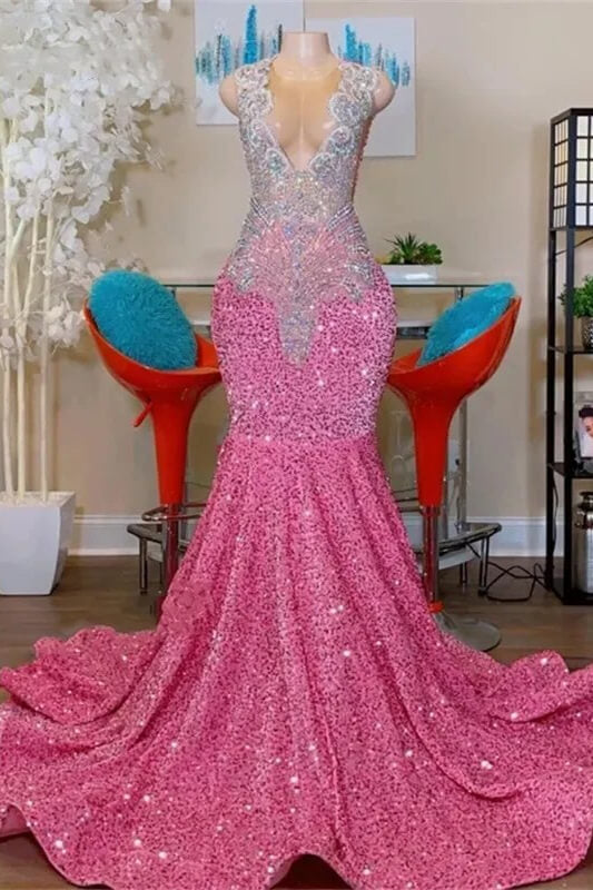 Pink Scoop Sleeveless Mermaid Prom Dresses With Sequins Beadings