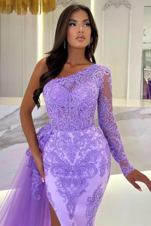 Lilac Mermaid Evening Prom Dress: One Shoulder Long Sleeves Lace Appliques Split Ruffles