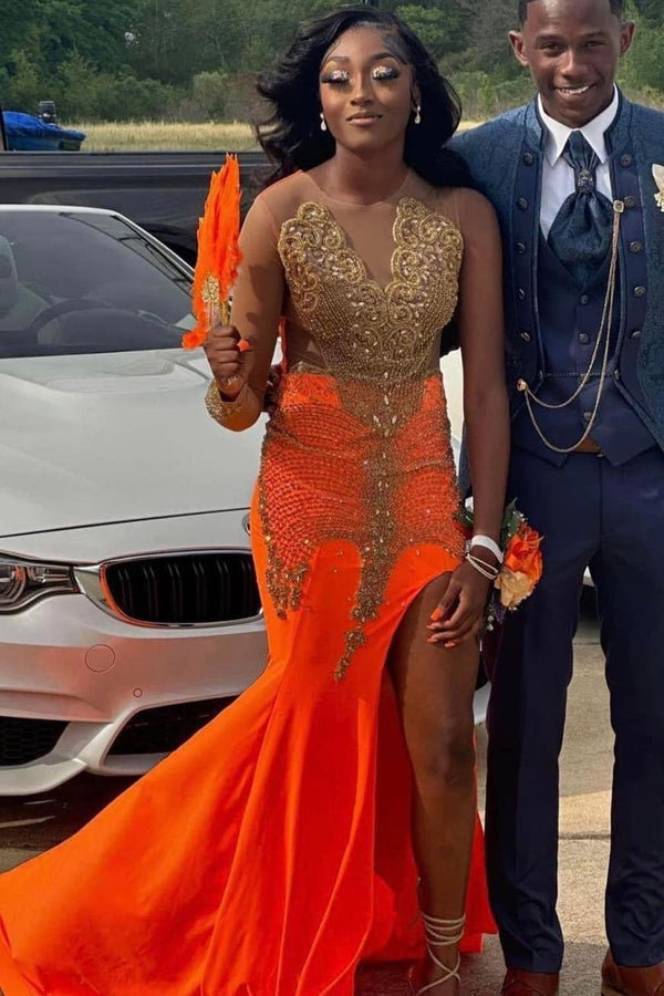 Hot Orange Mermaid High Split Prom Dresses with Gold Beads