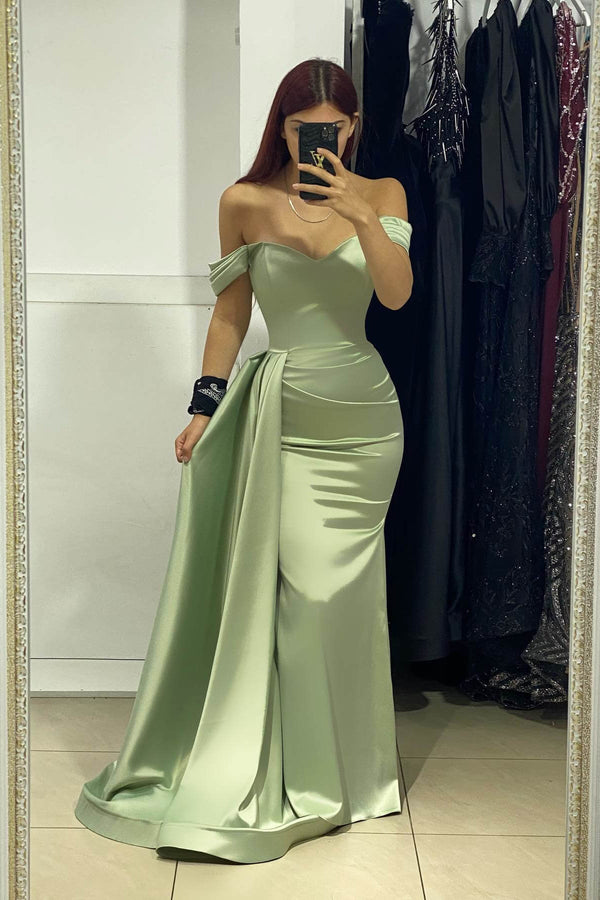 Dusty Sage Off-The-Shoulder Sweetheart Mermaid Prom Dresses With Ruffles