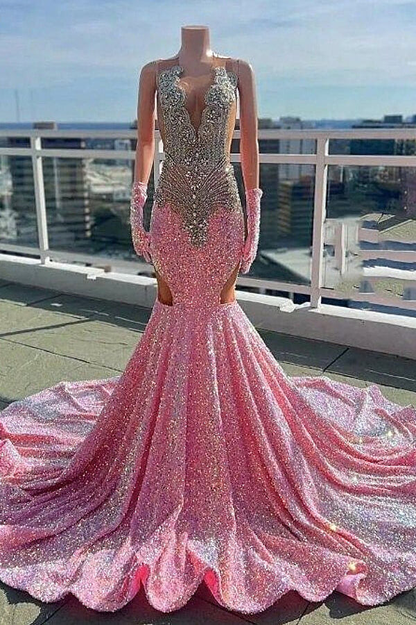 Sleeveless Scoop Neck Mermaid Prom Dress with Pink Sequins and Beadings