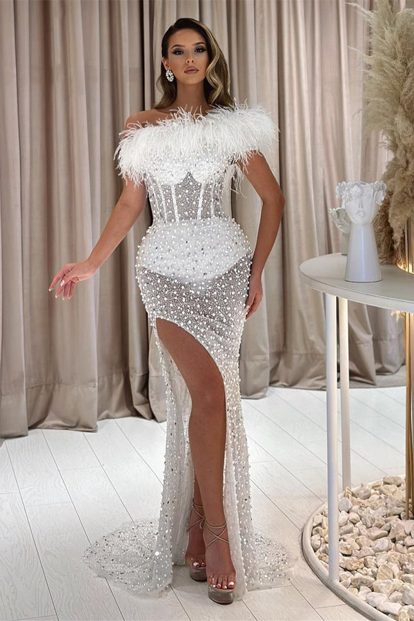 White Mermaid Prom Dress with Off-the-Shoulder Style Slit Pearls Feathers and Sequins