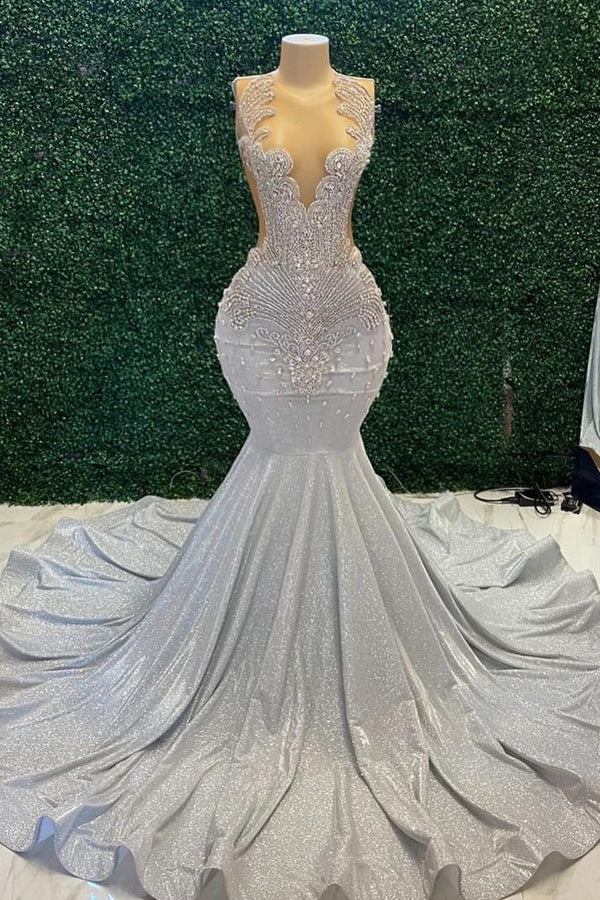 Mermaid Sparkle Silver Beaded Long Prom Dresses